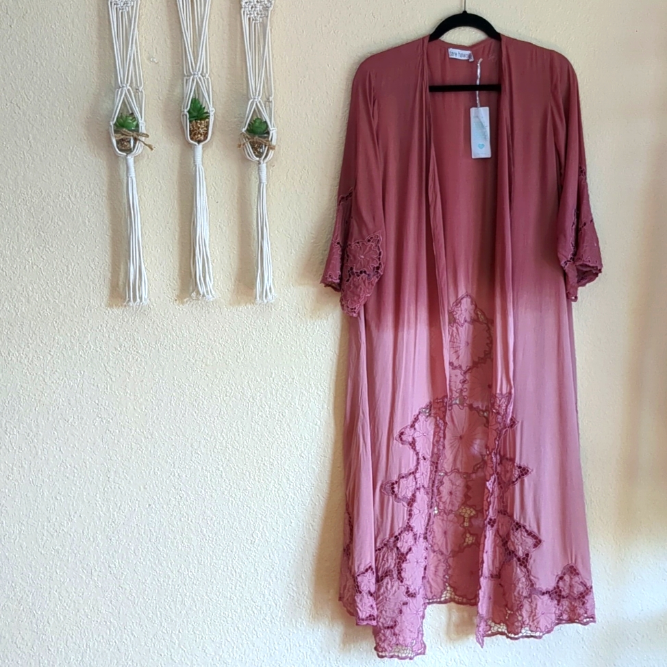 Tiare Hawaii Jagger Embroidered Floral Dyed Kimono Nwt Os